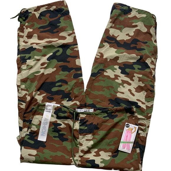 Tinsel Town Cargo Parachute Pants Women M Hi Rise Drawstring Camo Camouflage NWT - Picture 5 of 14